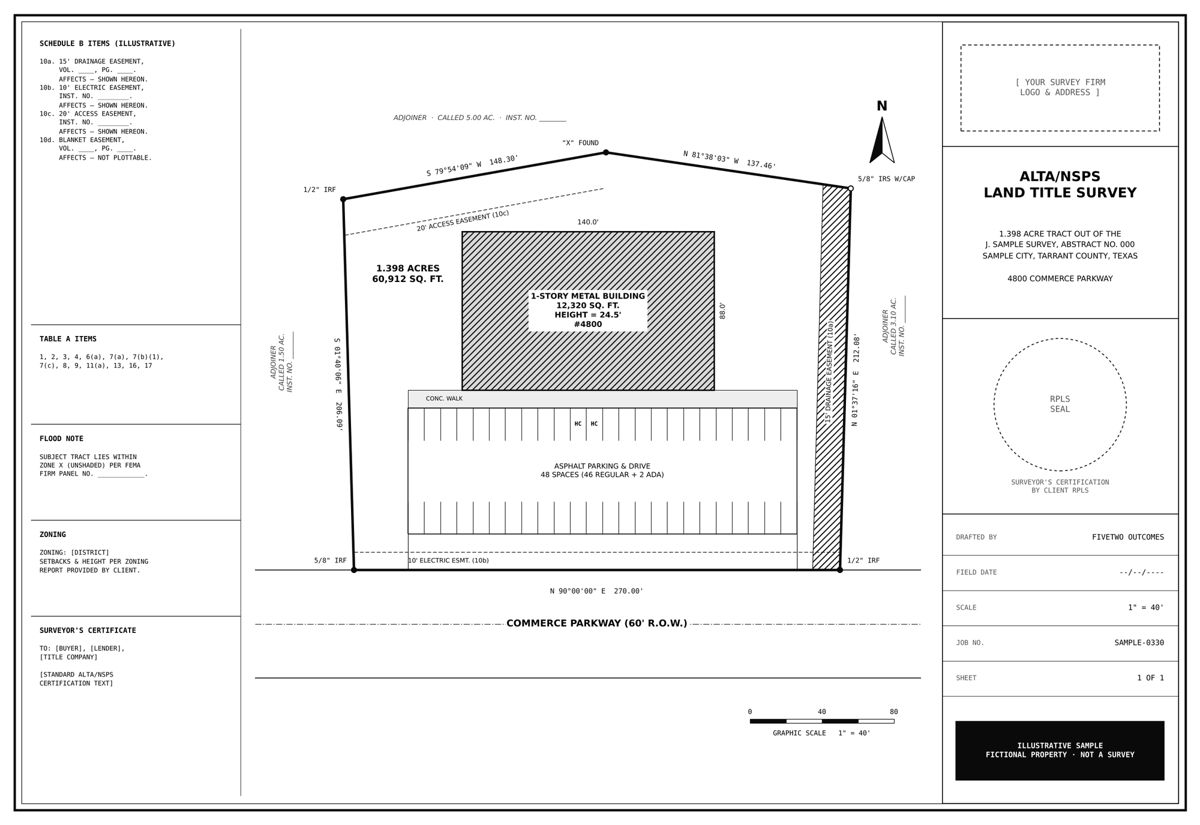 Sample ALTA/NSPS land title survey of a commercial tract with Schedule B items and parking count