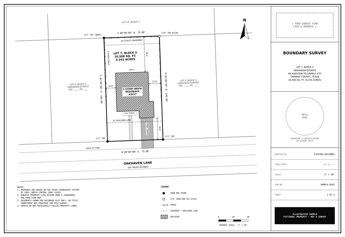 Sample residential boundary survey drawing with bearings, distances, monuments and easements