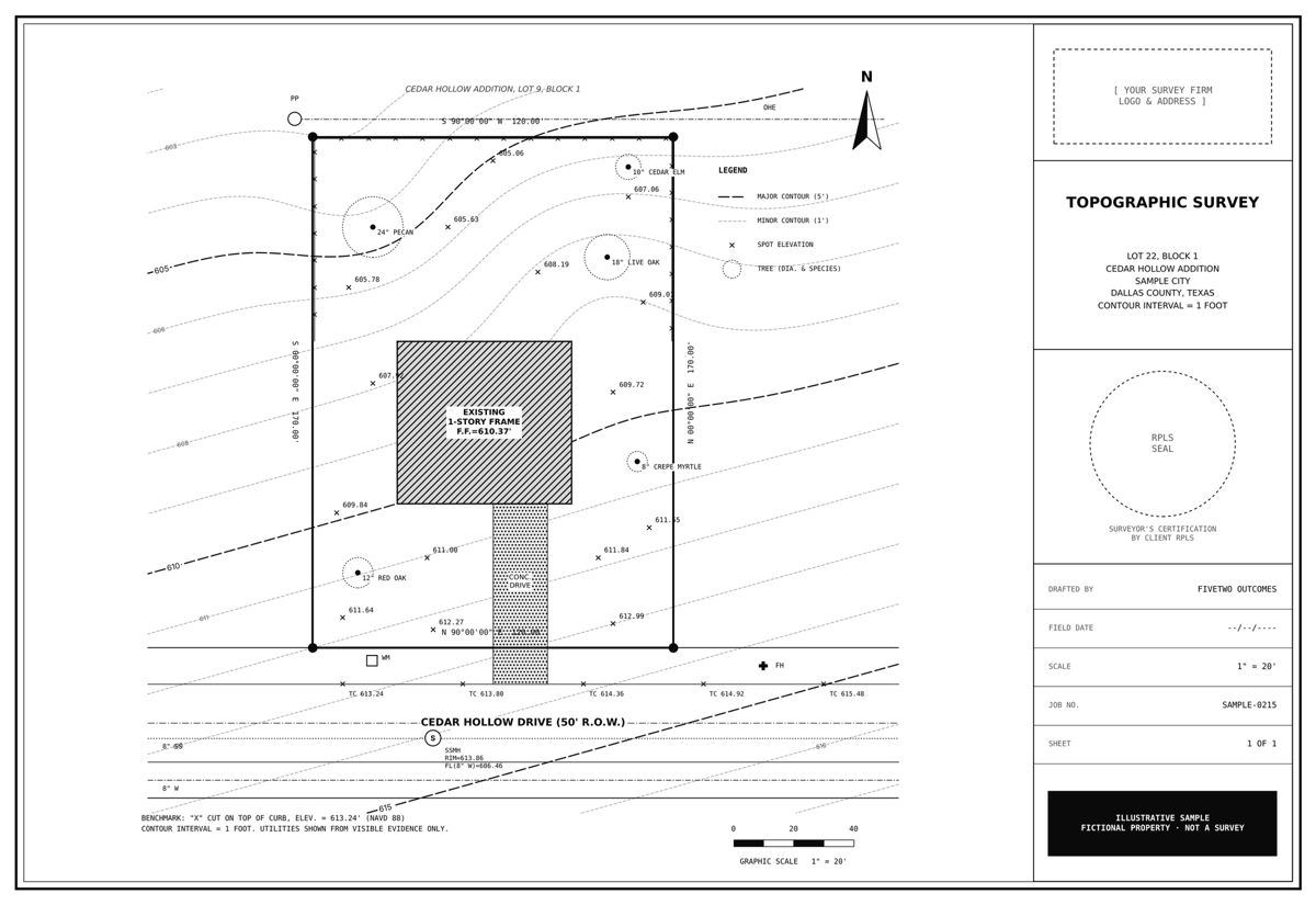 Sample topographic survey with one-foot contours, spot elevations, trees and utilities